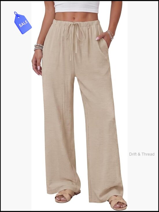 Pants - Wide Leg Palazzo Pants with Pockets Drawstring Elastic Waist